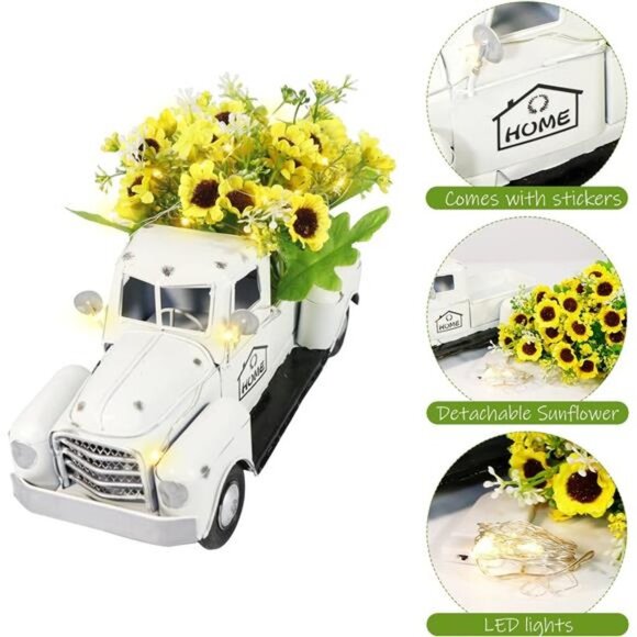 Vintage White TruckDecor with Sunflowers ArtificialFlowers Farmhouse Table Decor - Picture 3 of 7